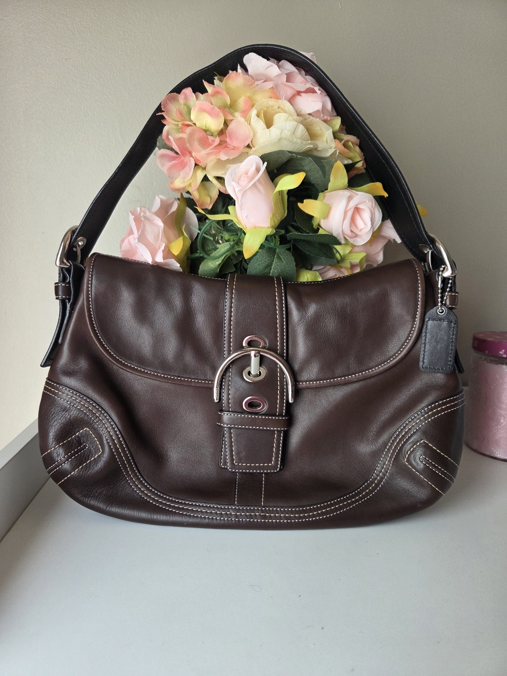 Vintage Coach Dark Brown Leather Shoulder Bag with Silver Hardware